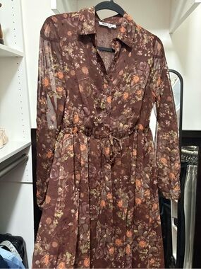WD.NY Brown Floral Button-Front Long Sleeve Midi Dress